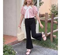 Conjunto de 2 piezas para niña, diseño francés, color rosa dulce, corbatín, manga abombada, pantalones acampanados, pantalones de pierna ancha, para fiestas, vacaciones, 8-11 años