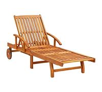 Conjunto de 2 sillas de acacia macizas con mesa y cojines | Respaldo y reposapiés ajustables, ruedas para desplazamiento, plegable, uso al aire libre