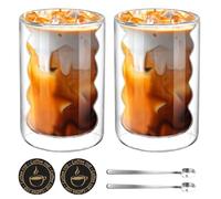 Conjunto de 2 Tazas de Café de Cristal, 350ML Vasos de Espresso de Doble Pared Transparente con 2 cucharas y 2 posavasos, Tazas de Vidrio Borosilicato para Cafe Leche Té Latte Macchiato y Más (2pcs)