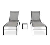 Conjunto de 2 tumbonas con mesa Textilene y marco de acero para jardín | Respaldo ajustable, 2 ruedas, fácil montaje, uso diario al aire libre, secado rápido, estructura estable