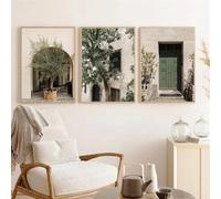 Conjunto de 3 Cuadros Abstractos Lienzo Con Diseño de Puerta Ventana Paisaje Tranquilo Olivo Verde Carteles Impresiones Arte de Pared Nórdico Decoración para Sala Estar 50*70Cm (Impresión Sin Marco)