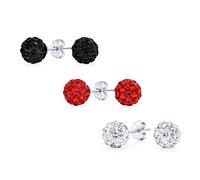 Conjunto De 3 Pendientes De Bola De Discoteca De Cristal Pavé Brillante Redonda De 8 MM En Plata De Ley .925 Transparente, Roja Y Negra, Para Mujeres Adolescentes