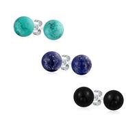 Conjunto De 3 Pendientes De Bola Redonda De Piedras Preciosas De Lapislázuli Turquesa Y Ónix Natural De 10MM Grandes. Plata Esterlina .925 Para Mujeres Adolescentes