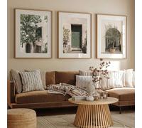 Conjunto de 3 piezas de arte mural moderno y minimalista en lienzo, paisaje urbano nórdico italiano con olivo verde (30x40cm - 3 piezas)
