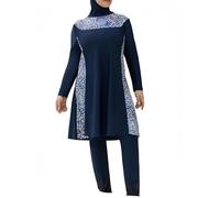 Conjunto de 3 Piezas de bañador Discreto para Tallas Grandes Burkini con Estampado geométrico y Cremallera Frontal para Mujeres Musulmanas con hiyab