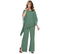 Conjunto de 3 piezas de pantalón de gasa para mujer para madre de la novia, traje de pantalón de boda con chaqueta, verde oscuro, 46