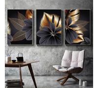 Conjunto de 3 Piezas de Pintura en de Hoja de Planta Negra Dorada sin , Abstracto de Pared, Decoración Nórdica para , Póster e Impresión de Imagen para el Hogar Sin