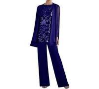 Conjunto de 3 piezas elegante de gasa para mujer, traje de pantalón bordado de encaje, traje formal, cuello redondo chic, azul oscuro, XXL