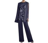 Conjunto de 3 piezas elegante de gasa para mujer, traje de pantalón bordado de encaje, traje formal, cuello redondo chic, azul marino, S