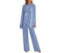Conjunto de 3 piezas elegante de gasa para mujer, traje de pantalón bordado de encaje, traje formal, cuello redondo chic, gris y azul, S