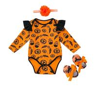 Conjunto de 3 piezas Halloween para niñas pequeñas, mono manga larga con estampado calabaza y murciélago, zapatos, accesorios el cabello, disfraz fiesta Trajes De Niñas Vestir