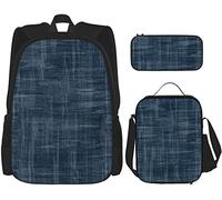 Conjunto de 3 piezas Mochilas Azul Floral Jeans Flor Denim Patrón de Tejido Belleza Abstracto Vintage Jacquard Lona Color Retro, color, 5.0cm*10.5cm*20.5cm, Estuche para lápices