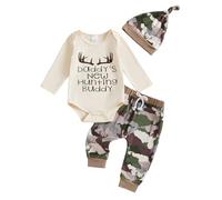 Conjunto de 3 piezas para bebé recién nacido, ropa de caza, manga larga, estampado de renos, con estampado de letras, pantalones de camuflaje de selva, cuernos y sombreros, Apricot Daddy's New Hunting