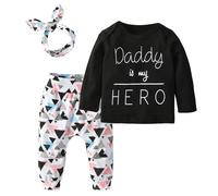 Conjunto de 3 piezas para bebιs y niρas con letras Daddy is My Hero, camisetas y pantalones geomιtricos con diadema (3-6 meses)