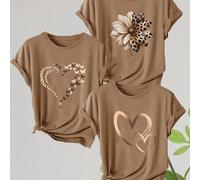 Conjunto de 3 piezas para mujer, camiseta marrón camel, floral, estampado de de , sudadera redonda de /verano, ideal para uso diario y actividades al aire libre, para exteriores.