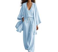 Conjunto de 3 piezas para mujer, conjunto de ropa de descanso informal de verano de manga larga con frente abierto, cárdigan con cuello en V, chaleco de pierna recta, pantalones largos, trajes de ocio