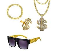 Conjunto de 4 disfraces dorados de chulo para hombre con accesorios de hip-hop, cadenas de rapero, anillo de dólar y signo de dólar, perfectos para disfraces de gángster de los 80.