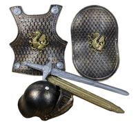 Conjunto de 4 piezas de disfraz de caballero para niños, armadura de plástico con casco, espada y escudo, ideal para fiestas temáticas de VBS, disfraces, juegos de rol, armadura medieval, disfraz