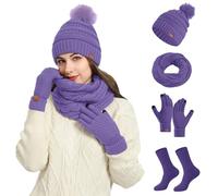 Conjunto de 4 piezas de invierno para mujer de lana: gorro, babero, guantes y calcetines (morado, talla única)