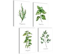 Conjunto de 4 pósters modernos de cocina a base de plantas - Decoración de pared - Arte de pared - Motivo de acuarela - 4 x A4 sin marco para fotos - Romero, albahaca, orégano, perejil K3