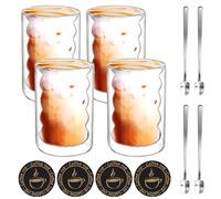 Conjunto de 4 Tazas de Café de Cristal, 350ML Vasos de Espresso de Doble Pared Transparente, Tazas de Vidrio Borosilicato con 4 cucharas y posavasos, para Cafe Leche Té Latte Macchiato y Más (4pcs)
