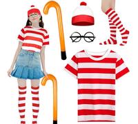 Conjunto de 5 piezas de disfraz de Wally para mujer, conjunto de accesorios de disfraz de los años 90 con camiseta roja y blanca, sombrero Bobble, calcetines, gafas sin marco, muletas inflables, traje