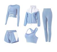 Conjunto de 5 piezas de entrenamiento para mujer, yoga, correr, atlético, gimnasio, ejercicio, ropa deportiva, Azul, M