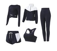 Conjunto de 5 piezas de entrenamiento para mujer, yoga, correr, atlético, gimnasio, ejercicio, ropa deportiva, Negro -, S