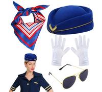 Conjunto de accesorios de disfraz de azafata para mujer, sombrero de asistente, bufanda de satén, lentes de sol retro, guantes elegantes, paquete de accesorios de cosplay de aerolínea, colección