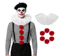Conjunto de accesorios de disfraz de payaso para mujeres y hombres, cuello de bufón, cuello de tul, botones de pompón y guantes para cosplay de circo, accesorio de fiesta, juego de 1 collar blanco +