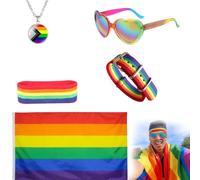 Conjunto de accesorios de orgullo LGBTQ+ - Incluye bandera arcoíris, banderín, pulsera, diadema y gafas de sol - Ideal para fiestas, eventos y uso diario - Expresa tu apoyo y orgullo por la comun