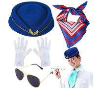 Conjunto de accesorios para disfraz de azafata de aerolínea azul para mujer, disfraz de azafata, sombrero de azafata, gafas de sol, guantes de cosplay