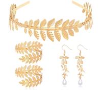 Conjunto de Accesorios para Disfraz de Diosa Griega, Corona de Hoja de Laurel Dorada, Brazaletes de Hojas y Pendientes, Accesorios de Disfraz Mujer, para Boda, Fiesta, Carnaval y Halloween (A)