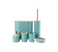 Conjunto de Acessórios para Casa de Banho, 6 Peças, Azul e Bambu, Design Estriado, com Dispensador de Sabão, Suporte para Escovas, Copo Multiusos, Piaçaba, Saboneteira e Caixote do Lixo