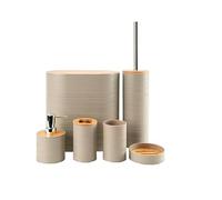 Conjunto de Acessórios para Casa de Banho, 6 Peças, Beige e Bambu, Design Estriado, com Dispensador de Sabão, Suporte para Escovas, Copo Multiusos, Piaçaba, Saboneteira e Caixote do Lixo