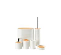 Conjunto de Acessórios para Casa de Banho, 6 Peças, Branco e Bambu, Design Estriado, com Dispensador de Sabão, Suporte para Escovas, Copo Multiusos, Piaçaba, Saboneteira e Caixote do Lixo