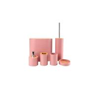Conjunto de Acessórios para Casa de Banho, 6 Peças, Rosa e Bambu, Design Estriado, com Dispensador de Sabão, Suporte para Escovas, Copo Multiusos, Piaçaba, Saboneteira e Caixote do Lixo