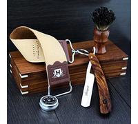 Conjunto de ahorro de madera de rosa pura a para hombre con maquinilla de afeitar recta, cepillo de pelo de tejón negro puro de doble cara, pasta afilada y caja de madera