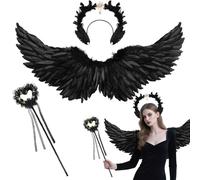 Conjunto de alas de ángel Negras, alas de ángel diabólico de 80 cm con Aureola de ensueño para Adultos, Disfraz de ángele Halloween para Mujer,diabólico Negras para Carnaval, Fiesta de Disfraces