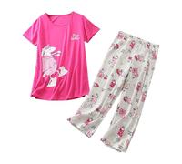 Conjunto de algodón para mujer, conjunto de 2 piezas, cómodo verano, cuello en V, manga corta, camiseta de nacimiento, Rosa intenso., S