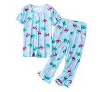 Conjunto de algodón para mujer, conjunto de 2 piezas, cómodo verano, cuello en V, manga corta, camiseta de nacimiento, azul, S