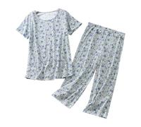 Conjunto de algodón para mujer, conjunto de 2 piezas, cómodo verano, cuello en V, manga corta, camiseta de nacimiento, verde menta, S