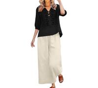 Conjunto de algodón y lino para mujer largo de 2 piezas, traje de playa de algodón, tallas grandes, camisa vintage bordado y pantalones de pierna ancha suave, monos casuales de color liso, conjuntos 1