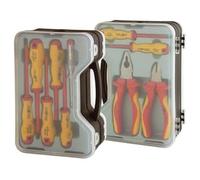 Conjunto de alicates y destornilladores VDE 1000V, aislados, para trabajo eléctrico seguro y eficiente. Ideal para electricistas y reparaciones.