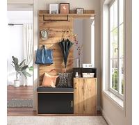 Conjunto De Armario Recibidor Con MDF Y Tablero De Partículas,Con Espejo,Banco Y Zapatero,Mueble De Entrada Con Ganchos Y Estante Superior,Mueble Para Recibidor y Pasillo,Negro,Set Modular De 2 Piezas