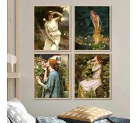 Conjunto de arte británico para galería, arte de pared, impresiones en lienzo, retrato de mujer vintage, Ofelia, imagen famosa, decoración del hogar (30 x 40 cm, 4 piezas sin marco)