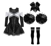 Conjunto De Baile For Niñas Con Lentejuelas Brillantes, Manga Larga, Hombros Descubiertos, Color Contrastante, Tocado, Flores En Las Manos Y Calcetines A Rayas Para Actuaciones(A Black White,6)