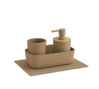 Conjunto de banheiro de 4 peças com dispensador de sabonete líquido, Porta-escova de dentes, cesto Organizador e tapete de banho. Acessórios para banheiro. (Bege)