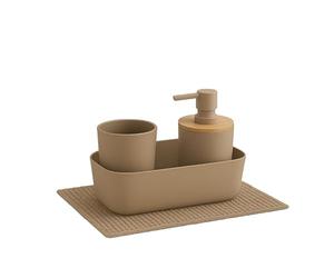 Conjunto de banheiro de 4 peças com dispensador de sabonete líquido, Porta-escova de dentes, cesto Organizador e tapete de banho. Acessórios para banheiro. (Bege)