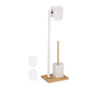 Conjunto de baño autoportante, 2 cabezales de recambio, 70.5 x 22 x 18 cm, acero inoxidable, bambú y PP, /natural, para baño y de invitados, soporte de pie, portarrollos, escobillero, Relaxdays